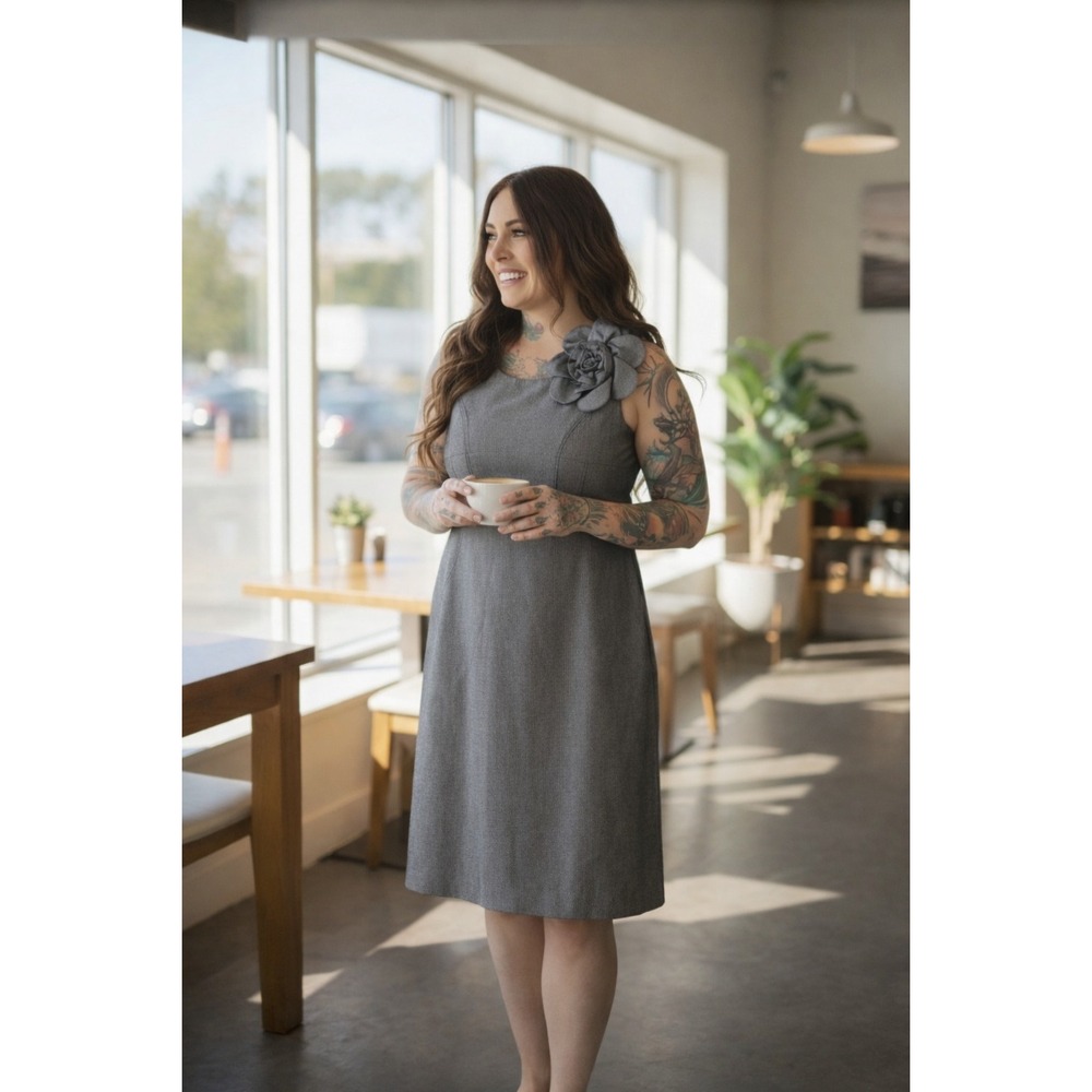 Cocktail Event Gunmetal Midi Dress Size 12 Flower Career Formal Inner Shapewear